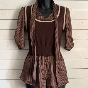 VTG Y2K Brown Sweater Vest Attached Striped Shirt Pussy Bow Blouse 2 in 1 Top